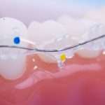 Modelo dental con brackets cerámicos transparentes y alambre metálico sobre dientes blancos y encía rosada, ilustrando ortodoncia estética.